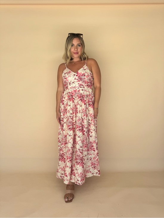 So Me Dresses & Skirts - Cream Maxi Dress with Pink Floral Print and Spaghetti Straps